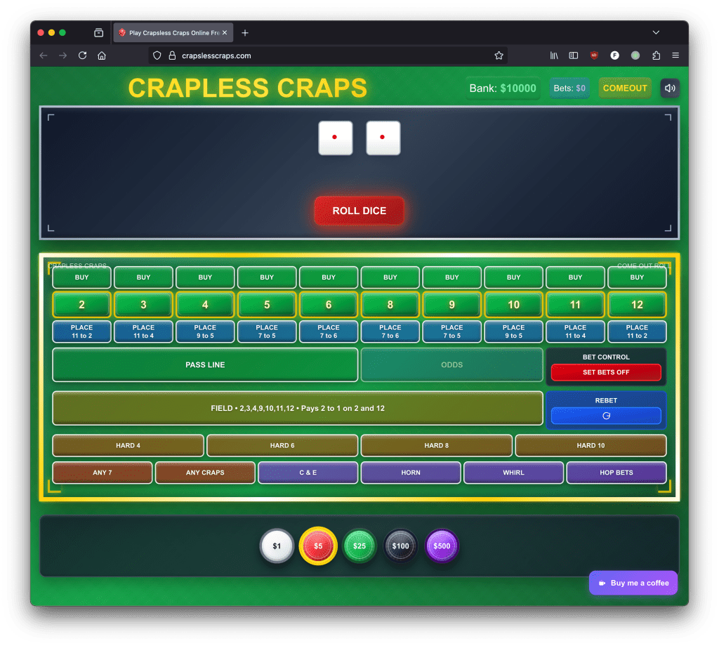 Screenshot of the online Crapless Craps game interface showing dice rolling area, betting options, and player bank balance.