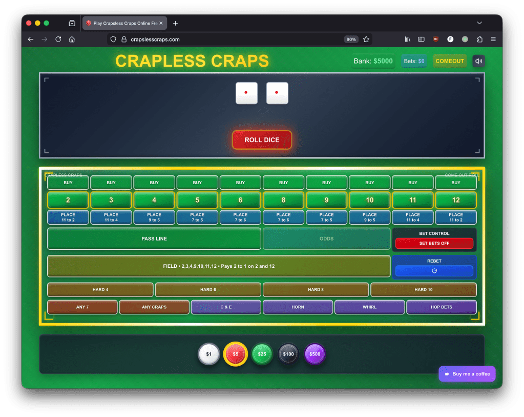 Screenshot of the Crapless Craps game interface, displaying a virtual betting table, current bank amount, and options to roll dice. The table features various betting options with a vibrant green background.