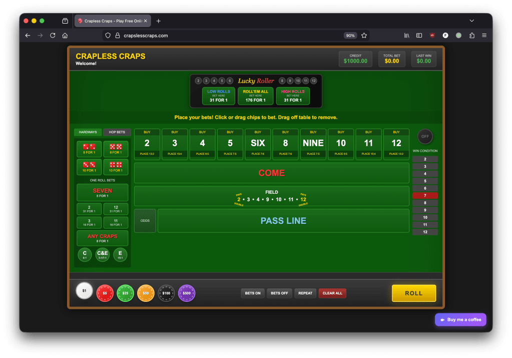 Screenshot of the Crapless Craps game interface showing the betting options and game controls.